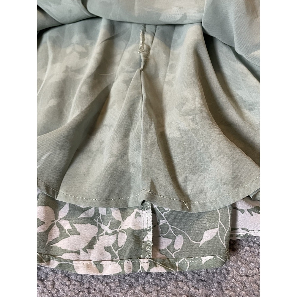 DOKOTOO Tired Floral Mini Dress Sz M Belted Sage White Long Sleeve Boho Chic - Picture 14 of 15